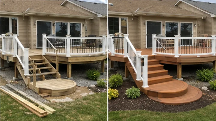 Before-and-after deck design concept showing a beige ranch rounded deck in Tiffin, Iowa.