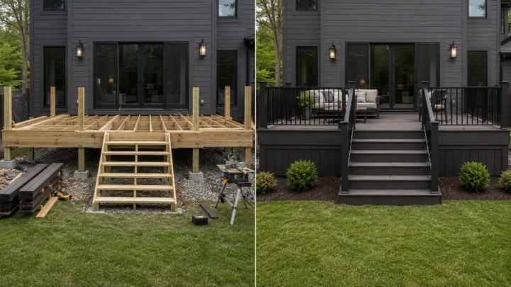 Before-and-after deck design concept showing a black house raised deck in Iowa City, Iowa.