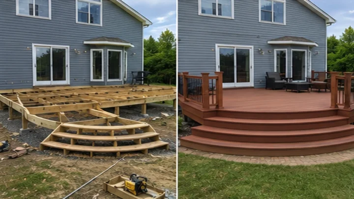 Before-and-after deck design concept showing a blue gray two story rounded deck in North Liberty, Iowa.