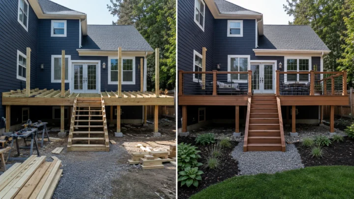 Before-and-after deck design concept showing a blue house raised deck in Iowa City, Iowa.
