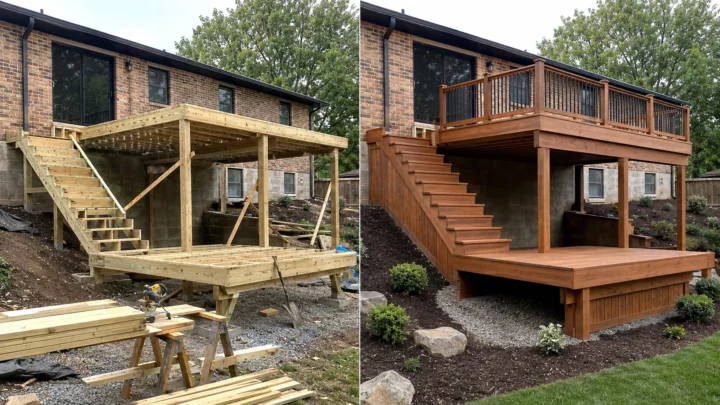 Before-and-after deck design concept showing a brick ranch cedar deck left stairs in Iowa City, Iowa.