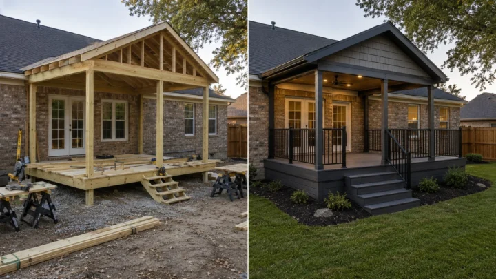 Before-and-after deck design concept showing a brick ranch covered deck in Coralville, Iowa.