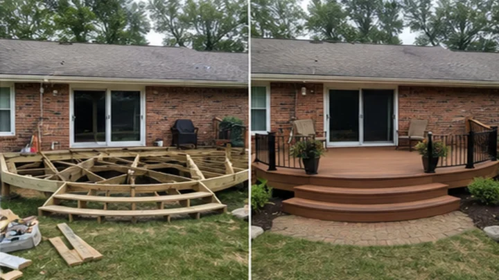 Before-and-after deck design concept showing a brick ranch curved front deck in Coralville, Iowa.