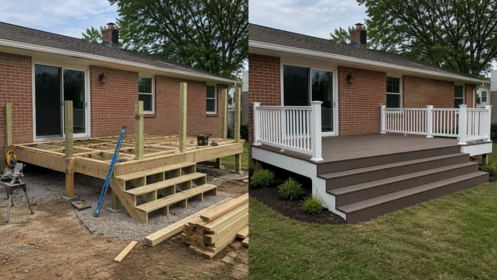 Before-and-after deck design concept showing a brick ranch deck in Solon, Iowa.
