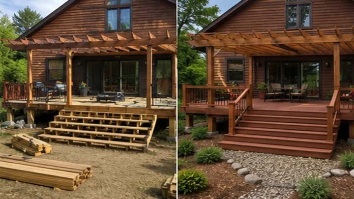 Before-and-after deck design concept showing a brown cabin pergola deck in Solon, Iowa.