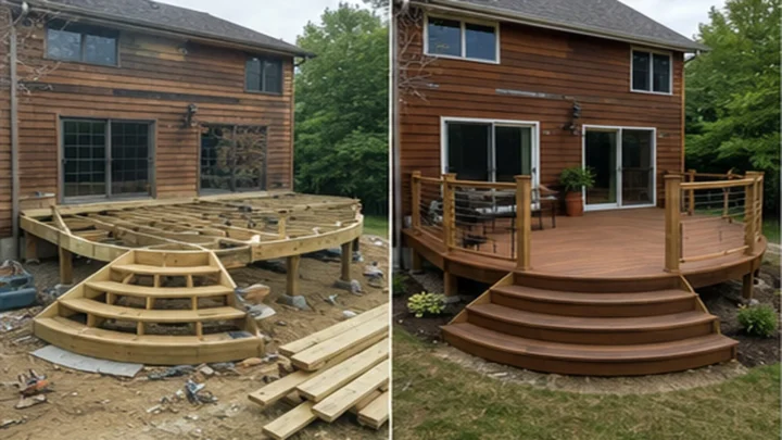 Before-and-after deck design concept showing a cedar sided home curved deck in Iowa City, Iowa.