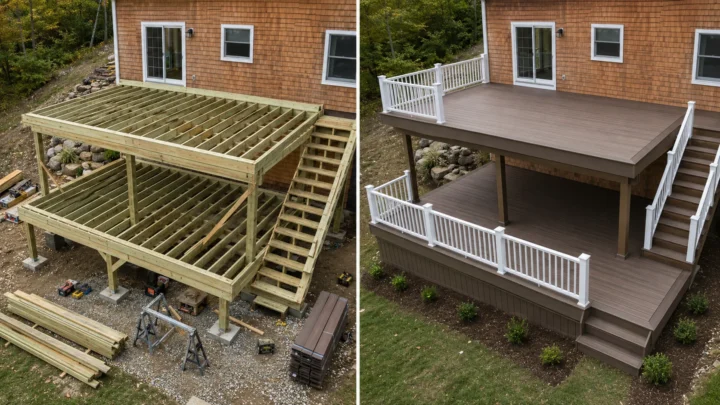 Before-and-after deck design concept showing a cedar sided house composite deck right stairs in North Liberty, Iowa.