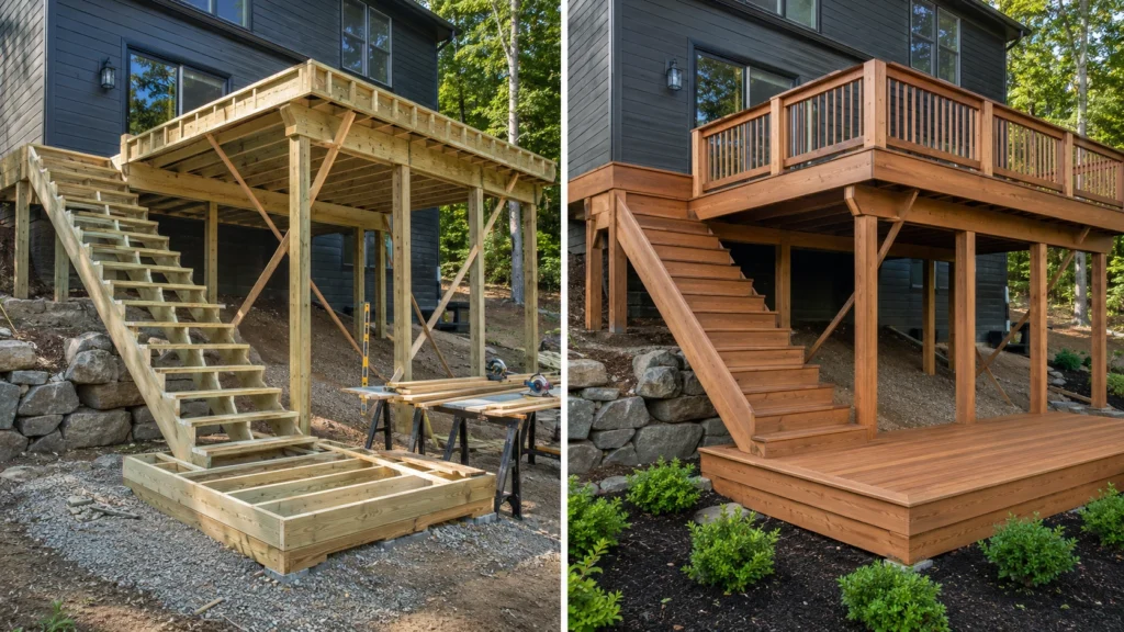 Before-and-after deck design concept showing a charcoal house cedar deck left stairs in Iowa City, Iowa.