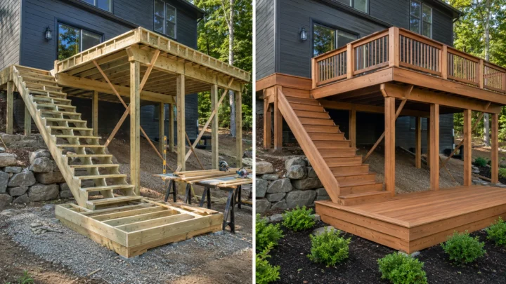 Before-and-after deck design concept showing a charcoal house cedar deck left stairs in Iowa City, Iowa.