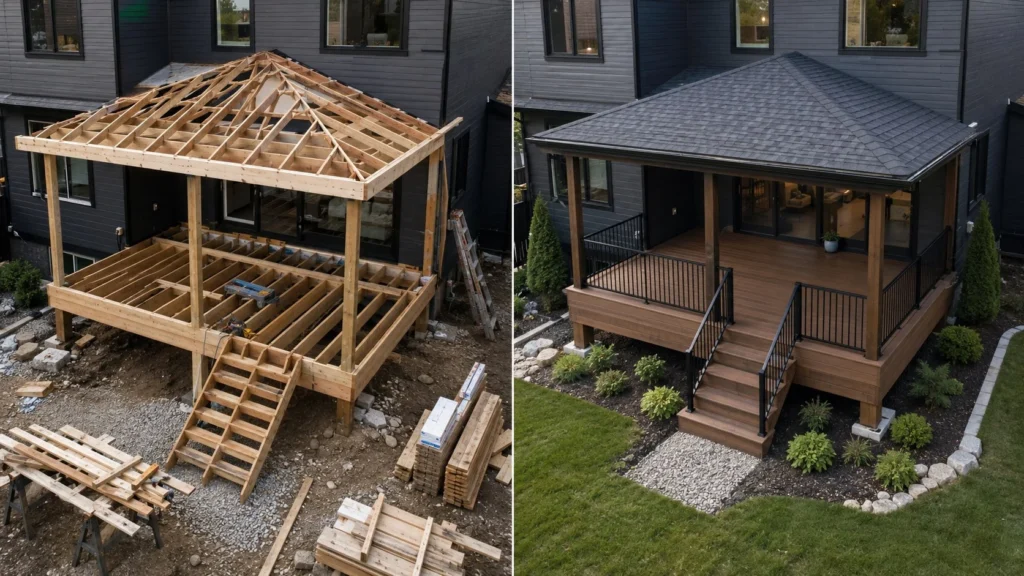 Before-and-after deck design concept showing a charcoal house covered deck in Iowa City, Iowa.