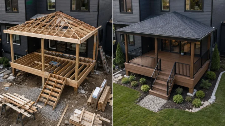 Before-and-after deck design concept showing a charcoal house covered deck in Iowa City, Iowa.