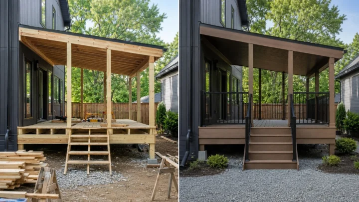 Before-and-after deck design concept showing a charcoal house covered deck in Swisher, Iowa.