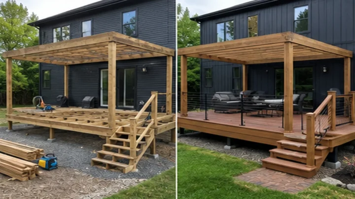 Before-and-after deck design concept showing a charcoal house pergola deck in Iowa City, Iowa.