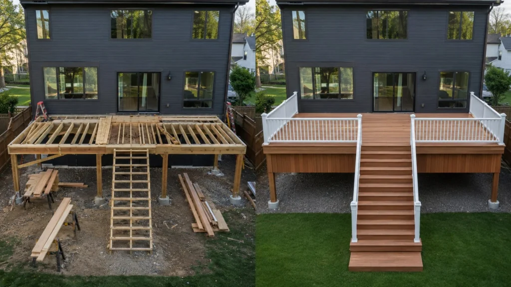 Before-and-after deck design concept showing a charcoal house raised deck in Swisher, Iowa.