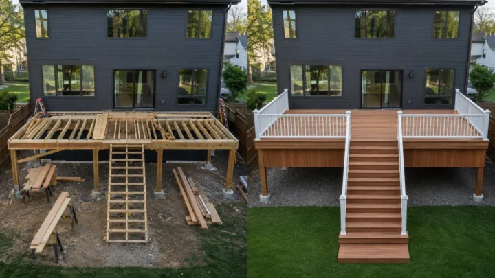 Before-and-after deck design concept showing a charcoal house raised deck in Swisher, Iowa.