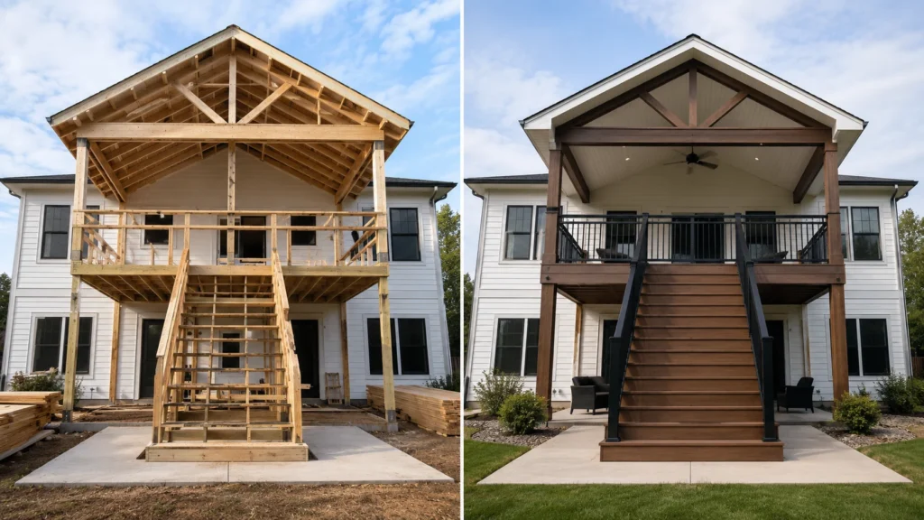 Before-and-after deck design concept showing a covered upper deck in North Liberty, Iowa.