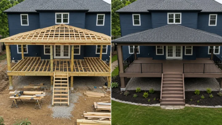 Before-and-after deck design concept showing a dark blue house covered deck in Iowa City, Iowa.