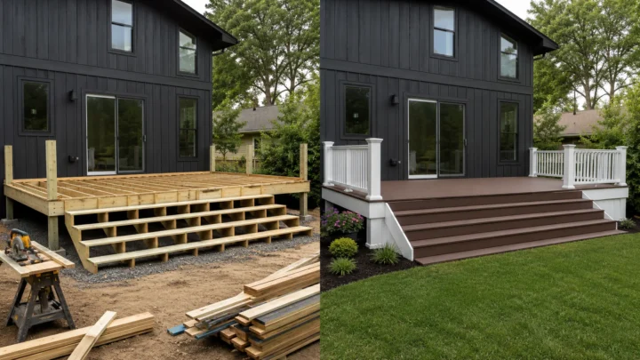 Before-and-after deck design concept showing a dark house deck with wide stairs in Iowa City, Iowa.