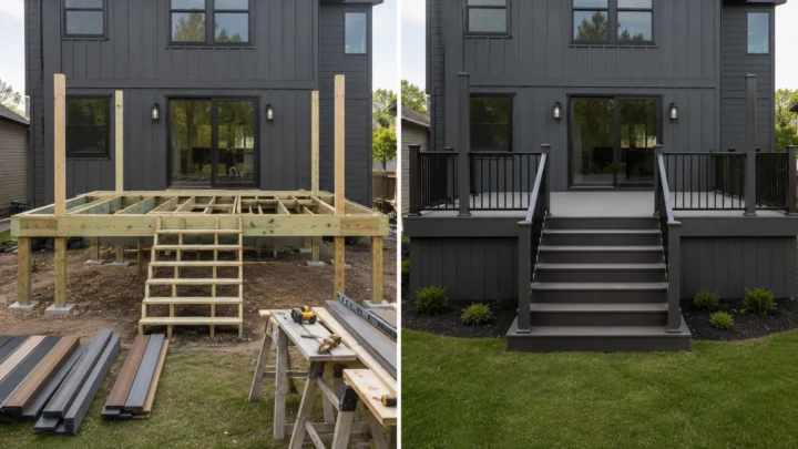 Before-and-after deck design concept showing a dark house raised deck in Coralville, Iowa.