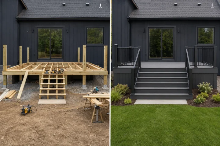 Before-and-after deck design concept showing a dark house raised deck in Tiffin, Iowa.