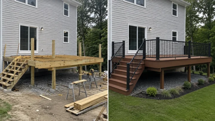 Before-and-after deck design concept showing a gray house raised deck in Coralville, Iowa.