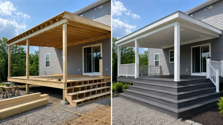 Before-and-after deck design concept showing a gray raised covered deck in Iowa City, Iowa.