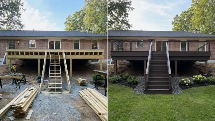 Before-and-after deck design concept showing a long raised deck in North Liberty, Iowa.