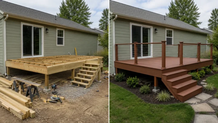 Before-and-after deck design concept showing a ranch house wood deck in Iowa City, Iowa.