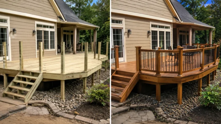 Before-and-after deck design concept showing a tan house rounded deck in Iowa City, Iowa.
