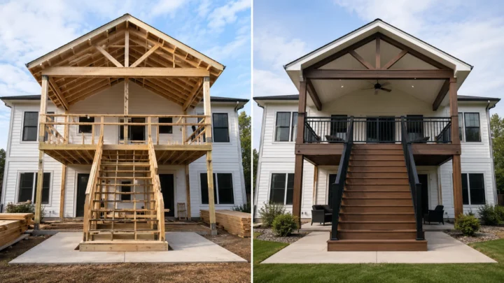 Before-and-after deck design concept showing a two story covered deck in Iowa City, Iowa.