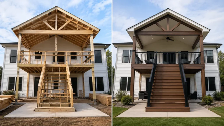 Before-and-after deck design concept showing a two story covered deck in Iowa City, Iowa.