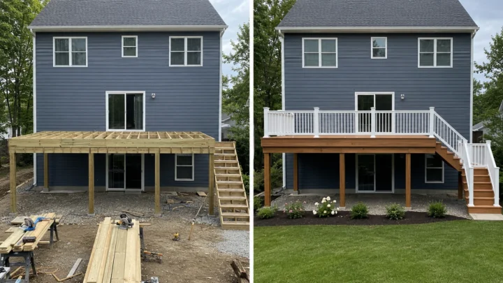 Before-and-after deck design concept showing a two story wide deck in North Liberty, Iowa.