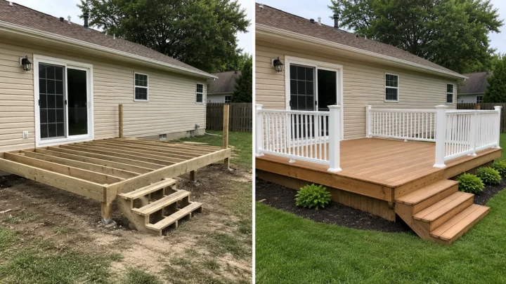 Before-and-after deck design concept showing a white ranch platform deck in Coralville, Iowa.
