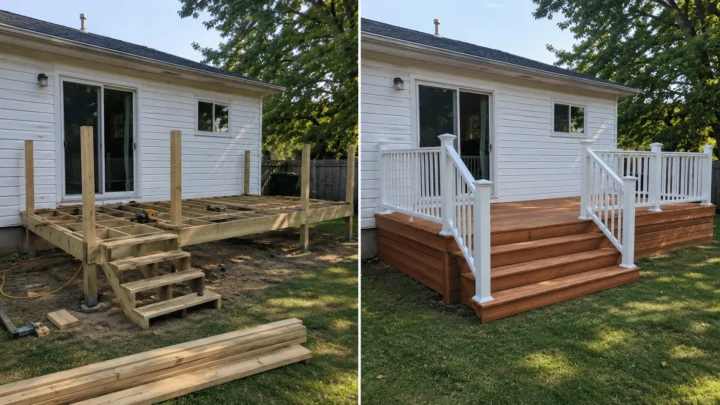 Before-and-after deck design concept showing a white ranch small deck in Coralville, Iowa.