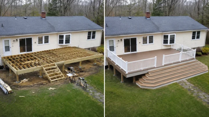 Before-and-after deck design concept showing a white ranch wide deck in Coralville, Iowa.