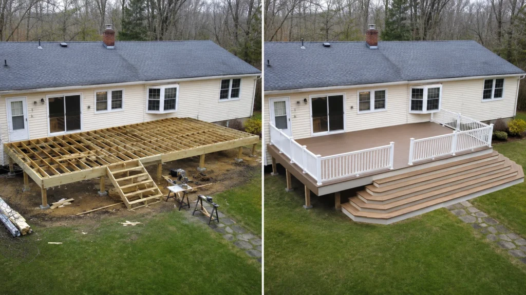 Before-and-after deck design concept showing a white ranch wide deck in Solon, Iowa.