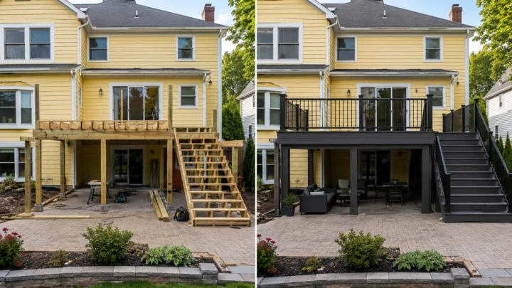 Before-and-after deck design concept showing a yellow house elevated deck in Swisher, Iowa.