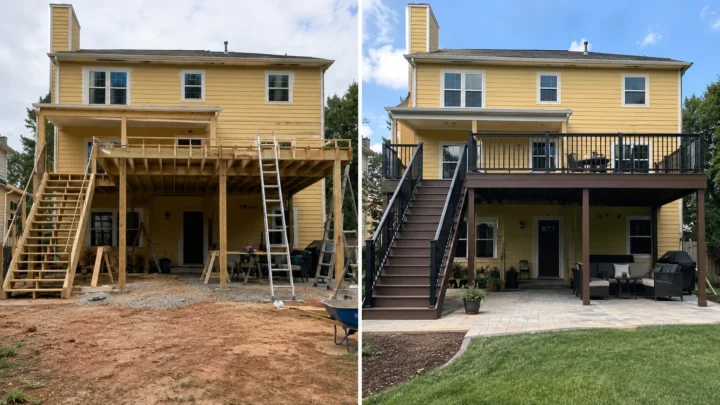Before-and-after deck design concept showing a yellow house elevated deck in Tiffin, Iowa.