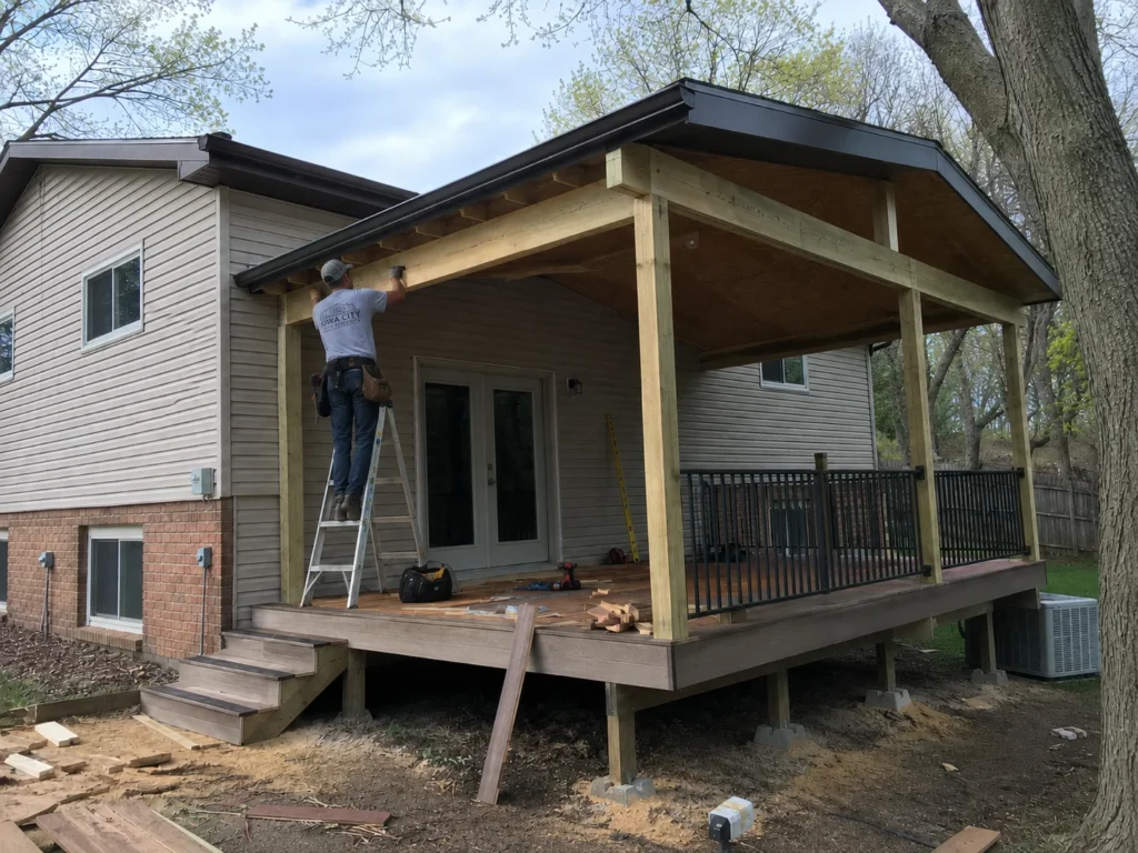 Covered deck framing under construction in Tiffin, Iowa.