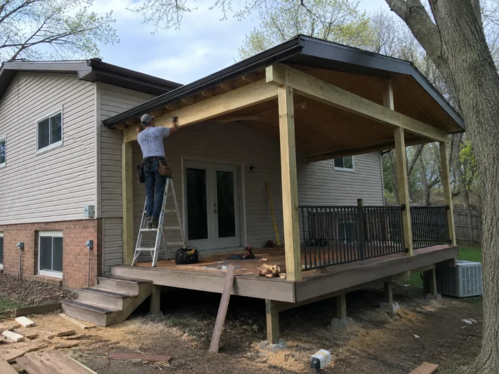 Covered deck framing under construction in Tiffin, Iowa.