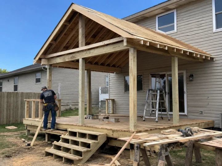 Covered deck gable roof framing under construction in Coralville, Iowa.