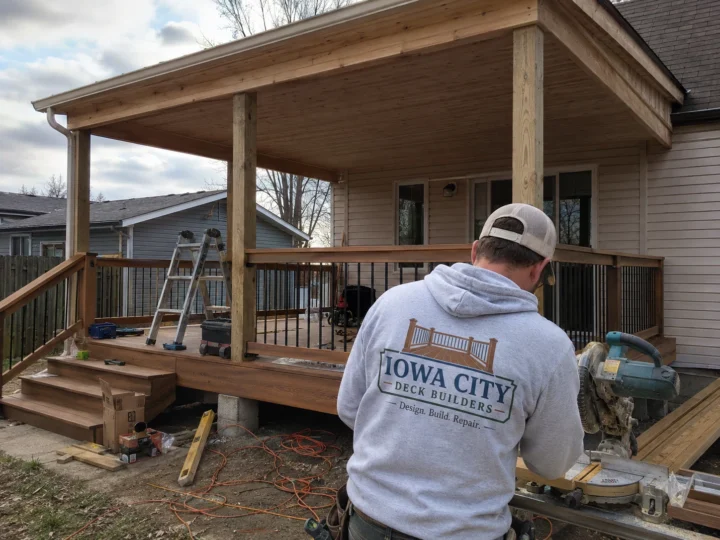 Covered wood deck under construction in Hills, Iowa.