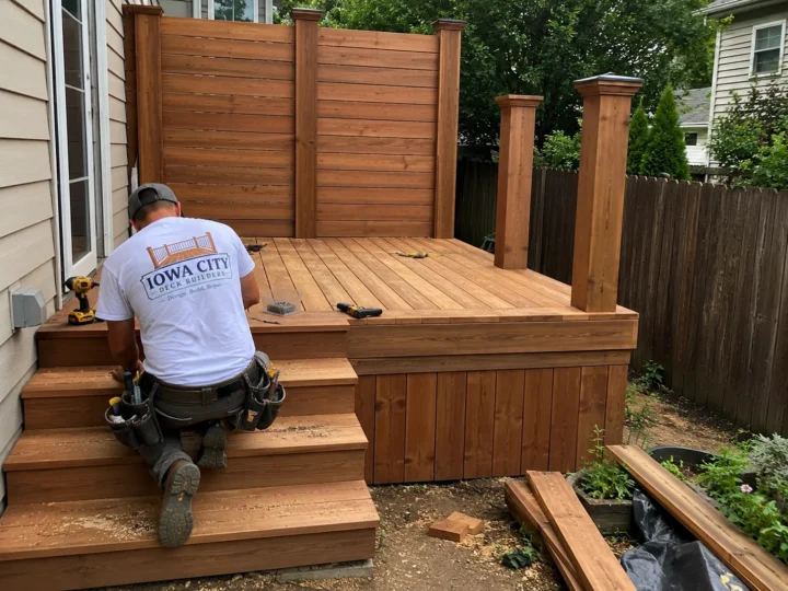 Finished cedar deck with privacy screen and steps in Riverside, Iowa.