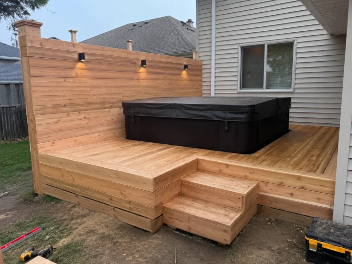 Finished cedar deck with privacy wall and hot tub in Amana, Iowa.