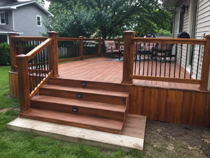 Finished cedar deck with wide steps and dark railings in Hills, Iowa.