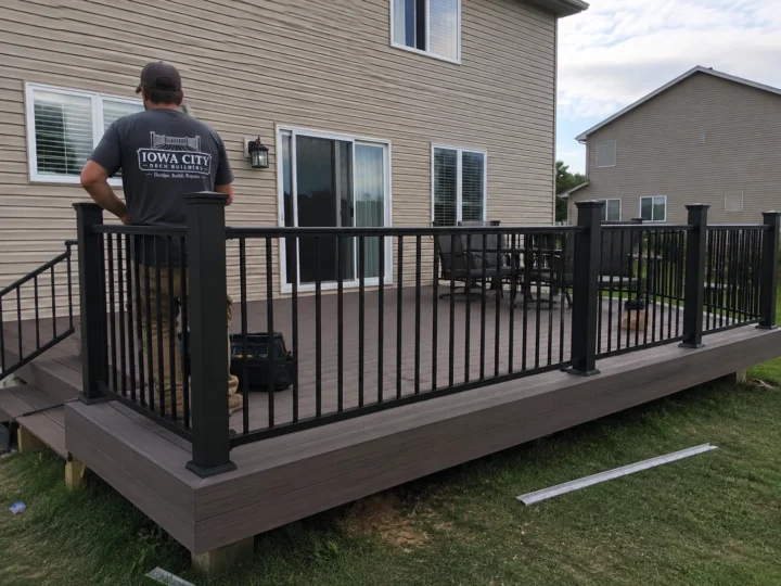 Finished composite deck with black aluminum railing in Coralville, Iowa.