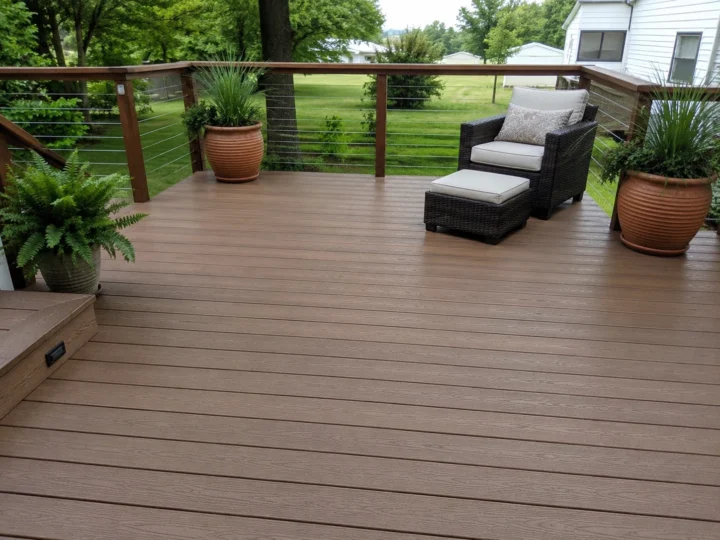 Finished composite deck with cable railing and seating in Iowa City, Iowa.
