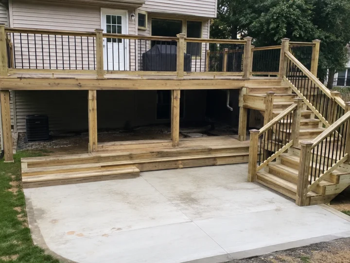 Finished elevated wood deck and stair system in Nichols, Iowa.