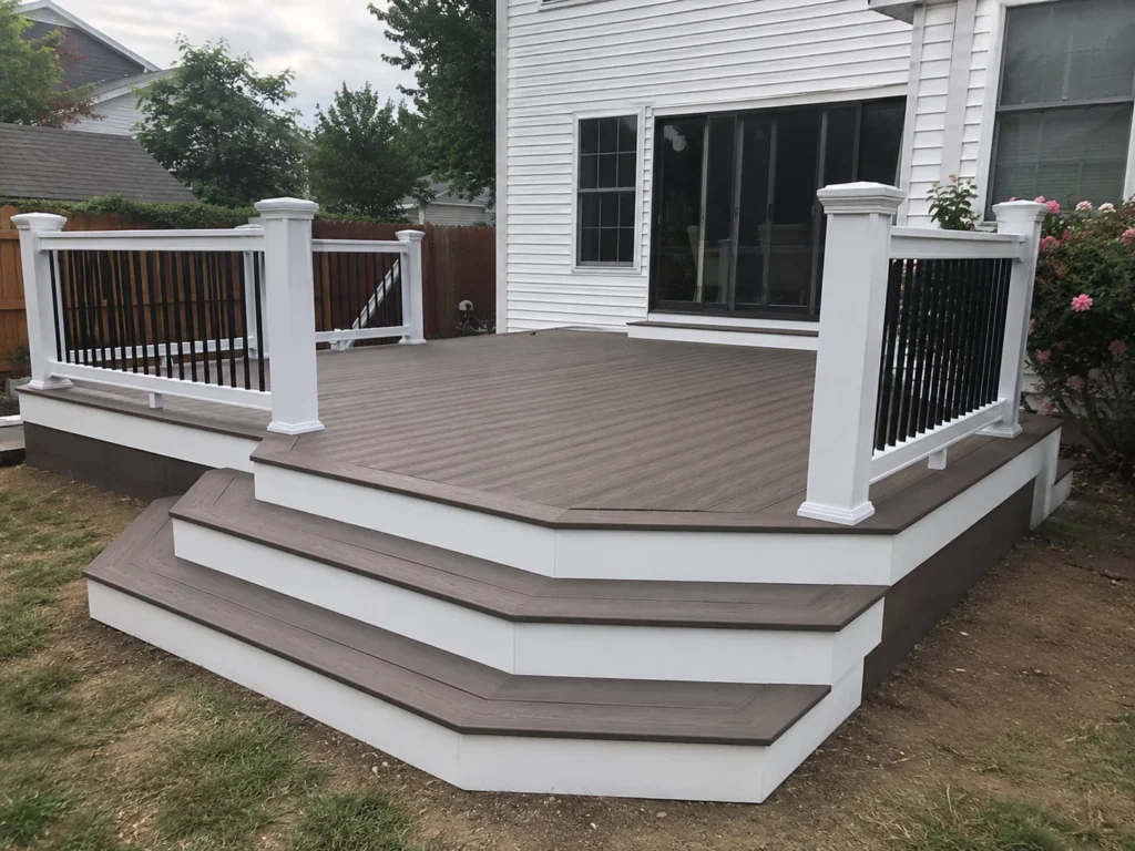 Finished gray composite deck with white railing and wide steps in Iowa City, Iowa.