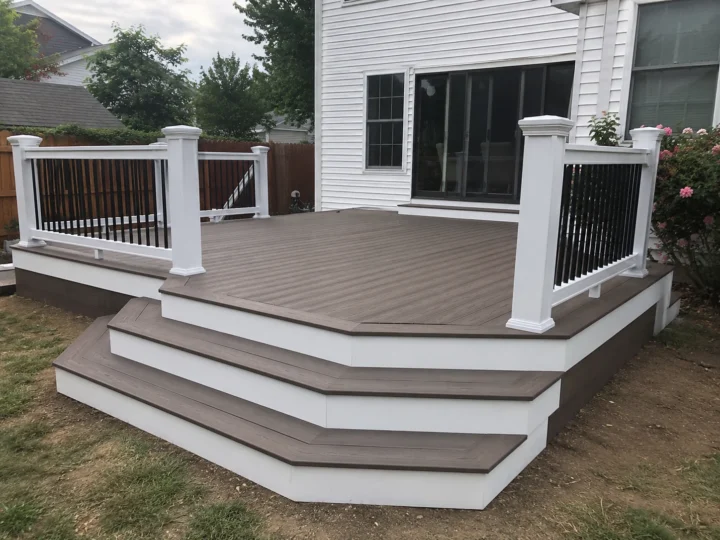 Finished gray composite deck with white railing and wide steps in Iowa City, Iowa.